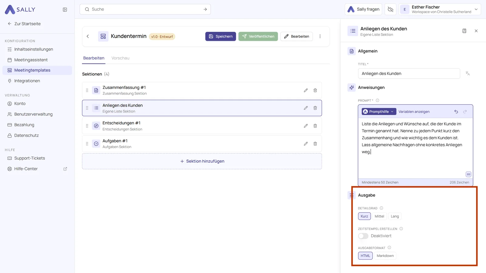 Hervorgehobener Bereich Ausgabe einer Sektion mit Detailgrad, Zeitstempeln und Ausgabeformat