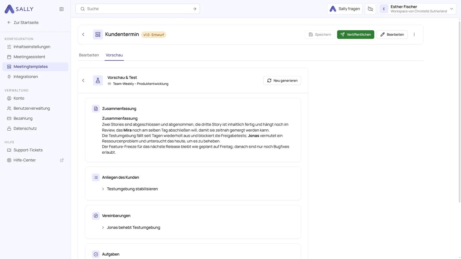 Ergebnis der Vorschau mit den vier Sektionen des Templates und ihren Inhalten aus der Aufnahme