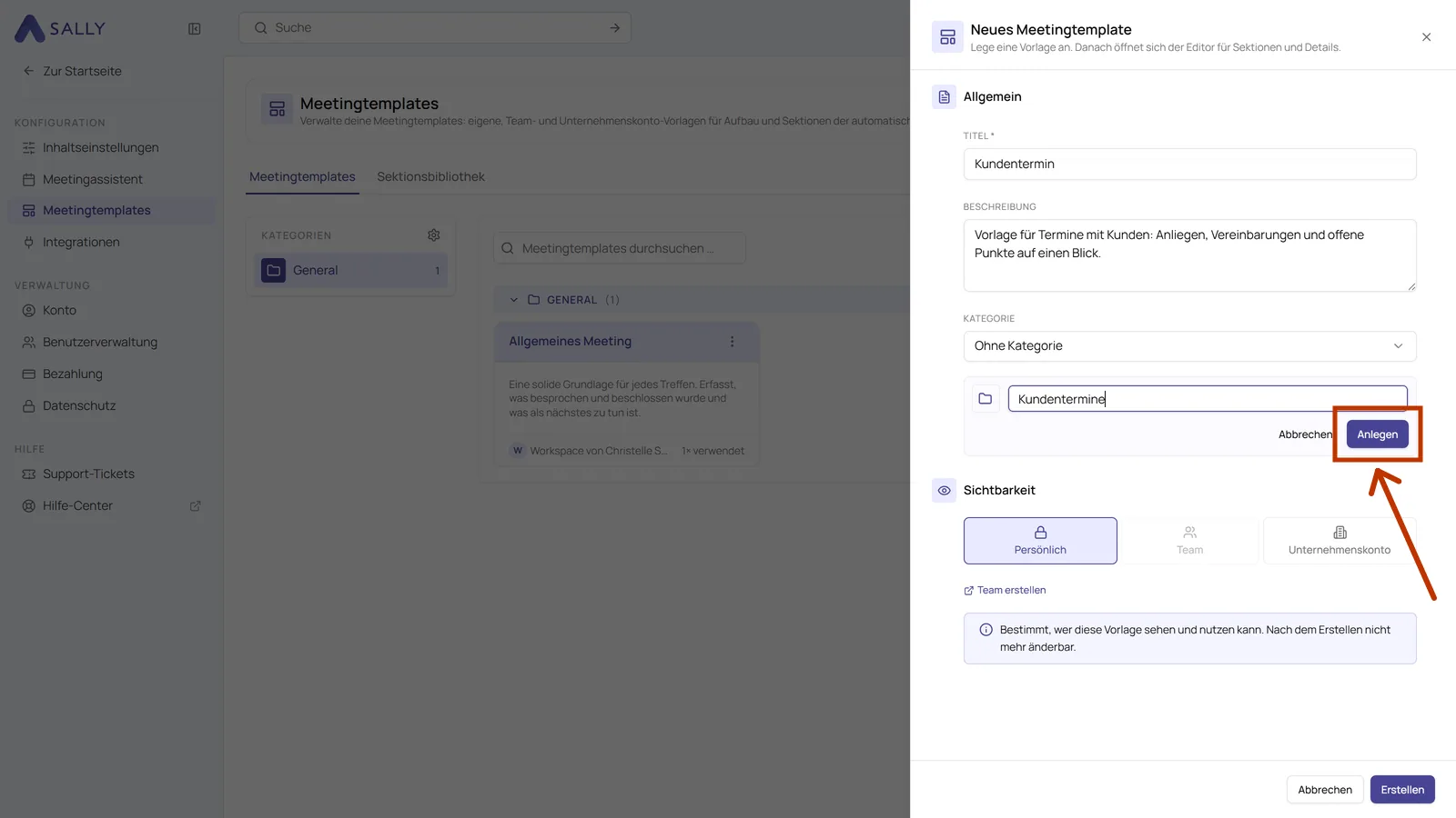 Dialog zum Erstellen eines Templates mit Eingabefeld für eine neue Kategorie und hervorgehobenem Knopf Anlegen