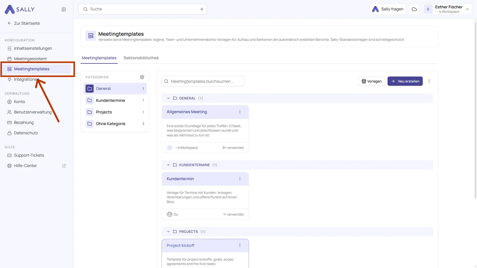 Seitenleiste der Einstellungen mit hervorgehobenem Eintrag Meetingtemplates