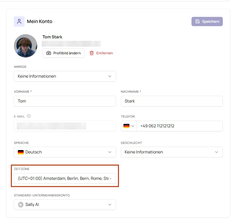 Reiter Mein Konto mit dem markierten Feld Zeitzone