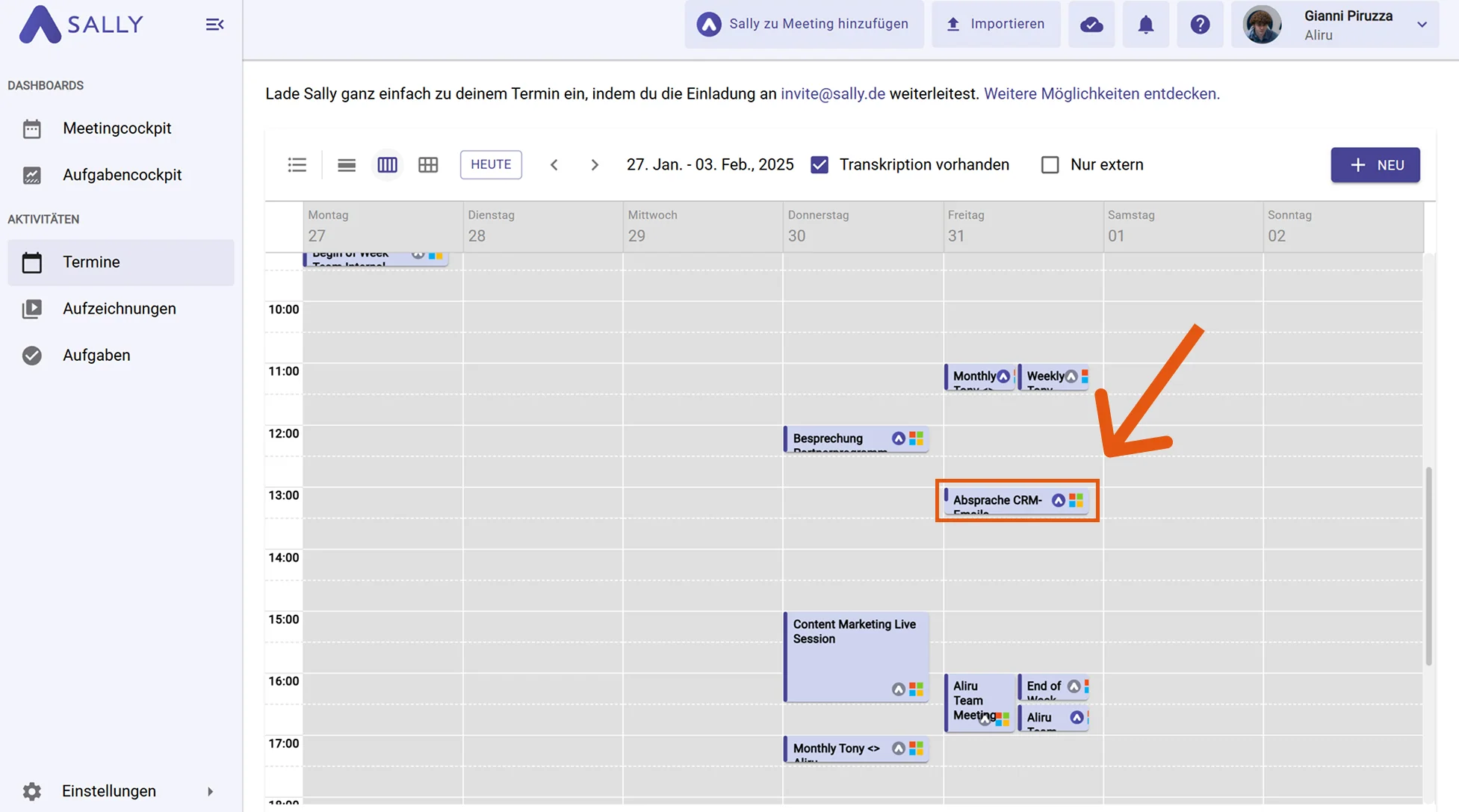 Sally Kalender mit ausgewähltem Termin als Quelle für den Transkript-Download
