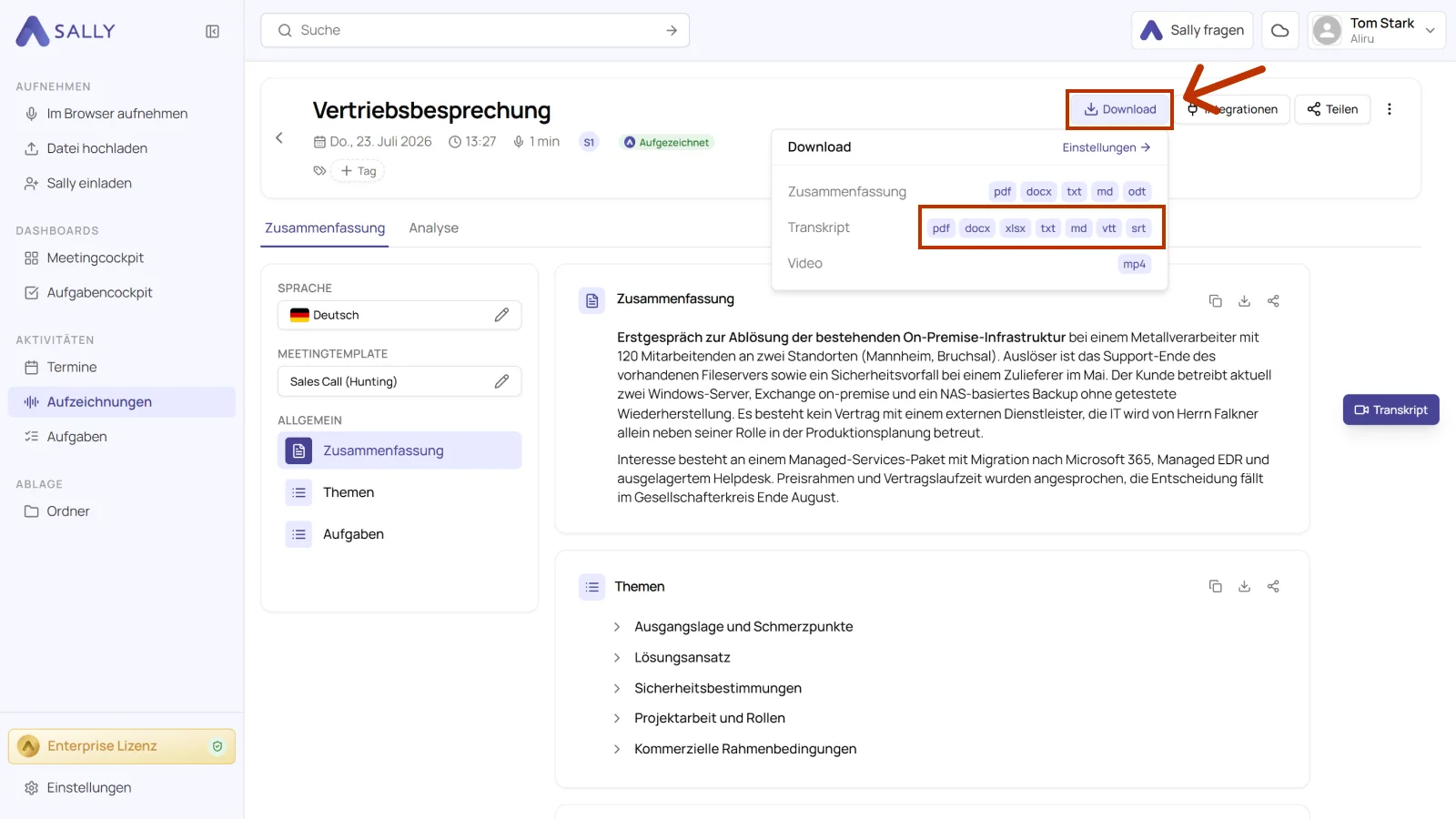 Sally Download-Menü mit den Exportformaten für das Transkript