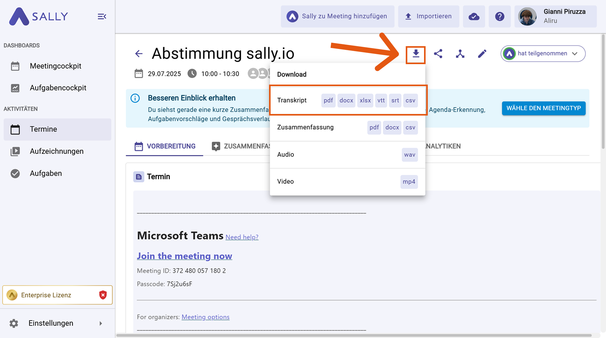 Transkript in Sally AI herunterladen