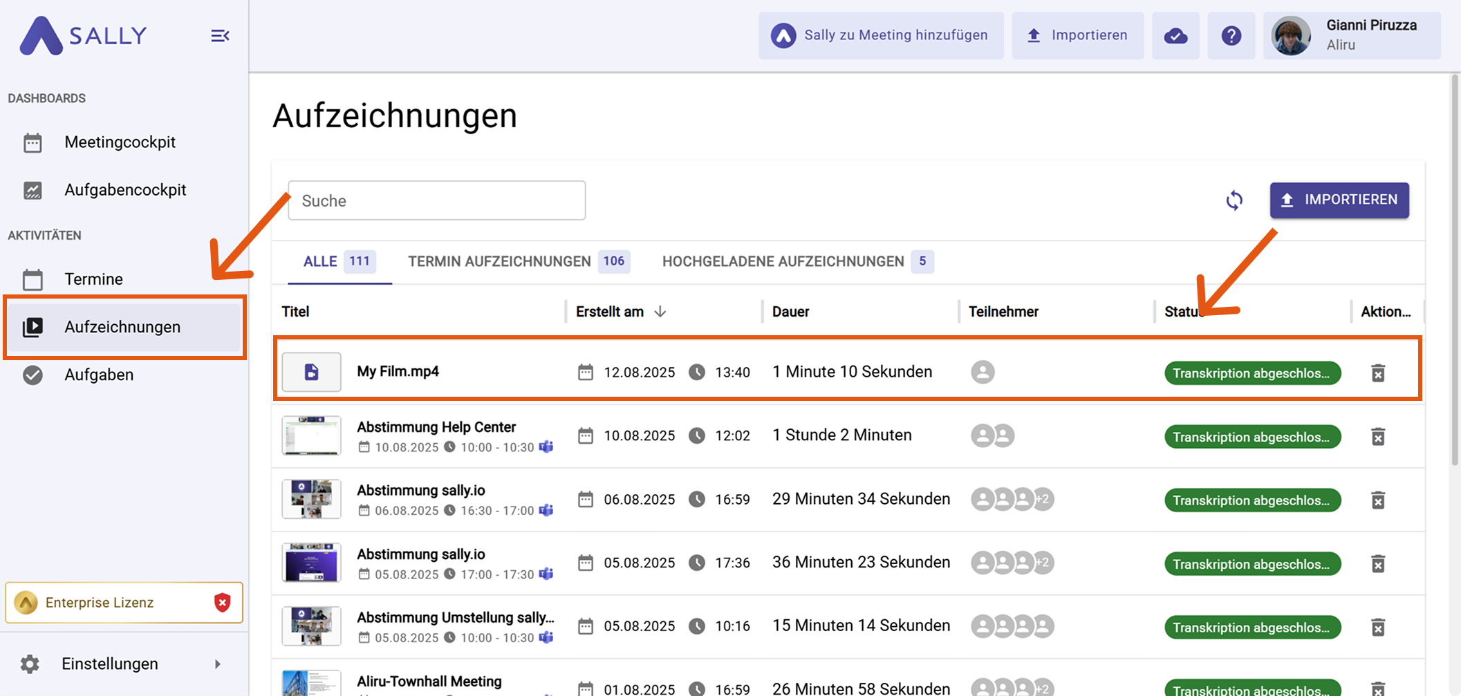 Importierte Daten für Transkription anzeigen