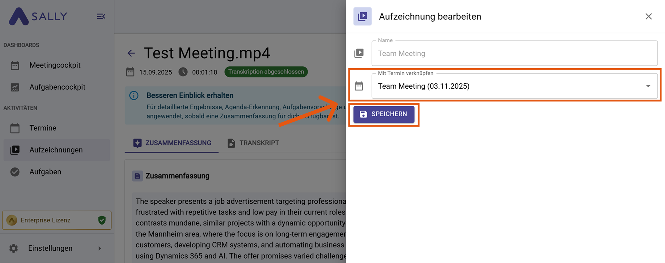 Meeting auswählen und Verknüpfung speichern
