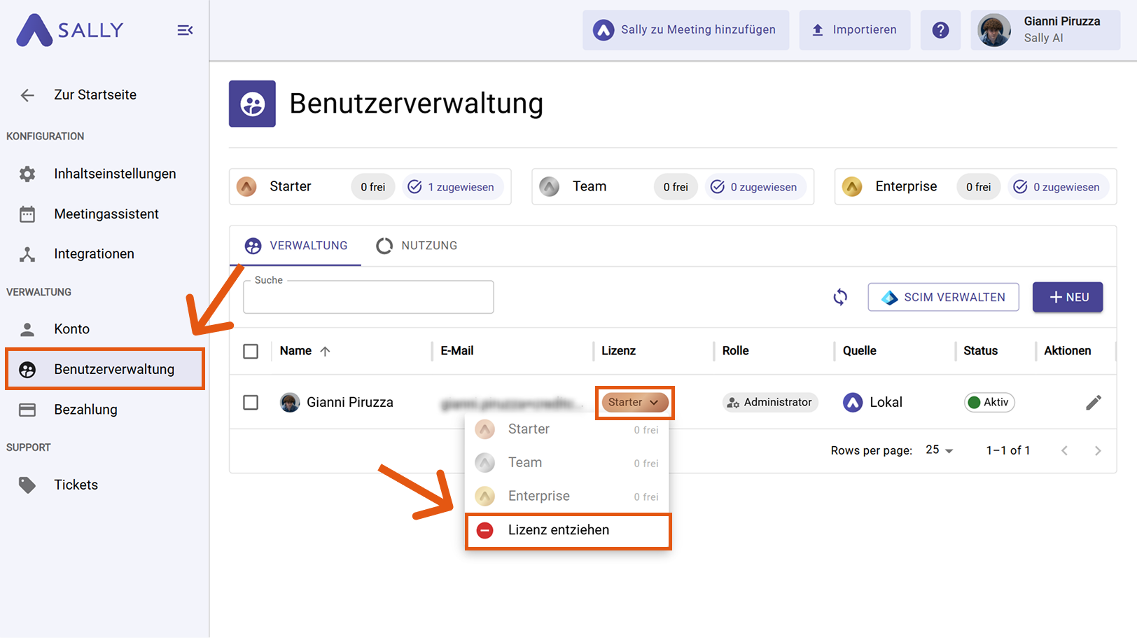 Benutzerverwaltung mit hervorgehobenem Lizenz-entziehen-Menü