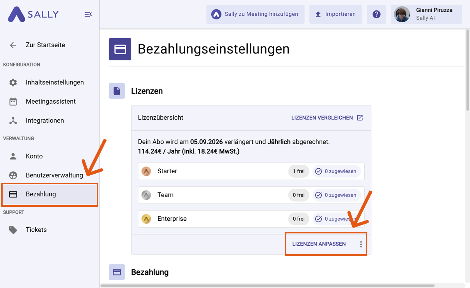 Bezahlungsbereich mit Schaltfläche Lizenzen anpassen