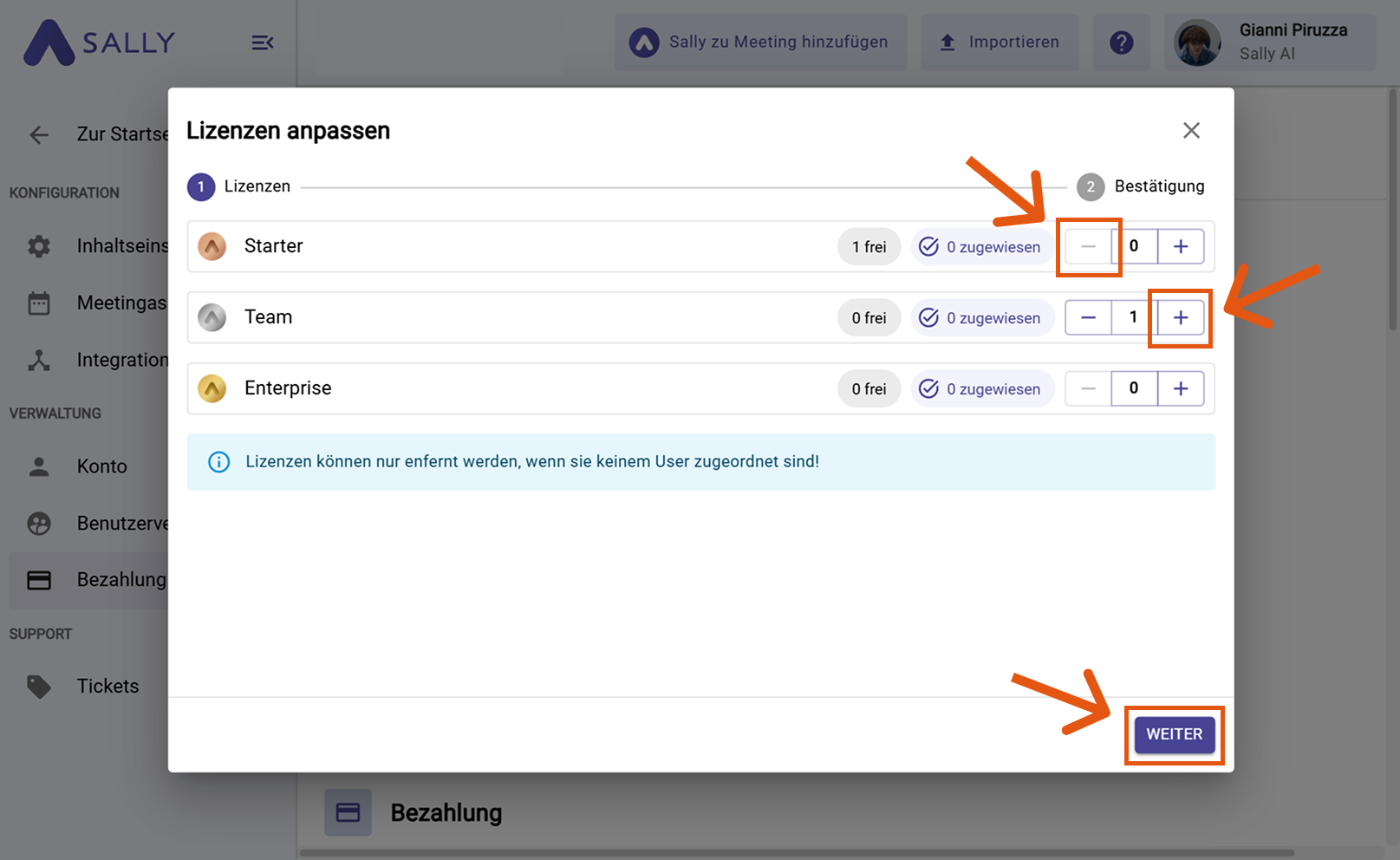 Pop-up-Fenster zur Anpassung der Lizenzanzahl