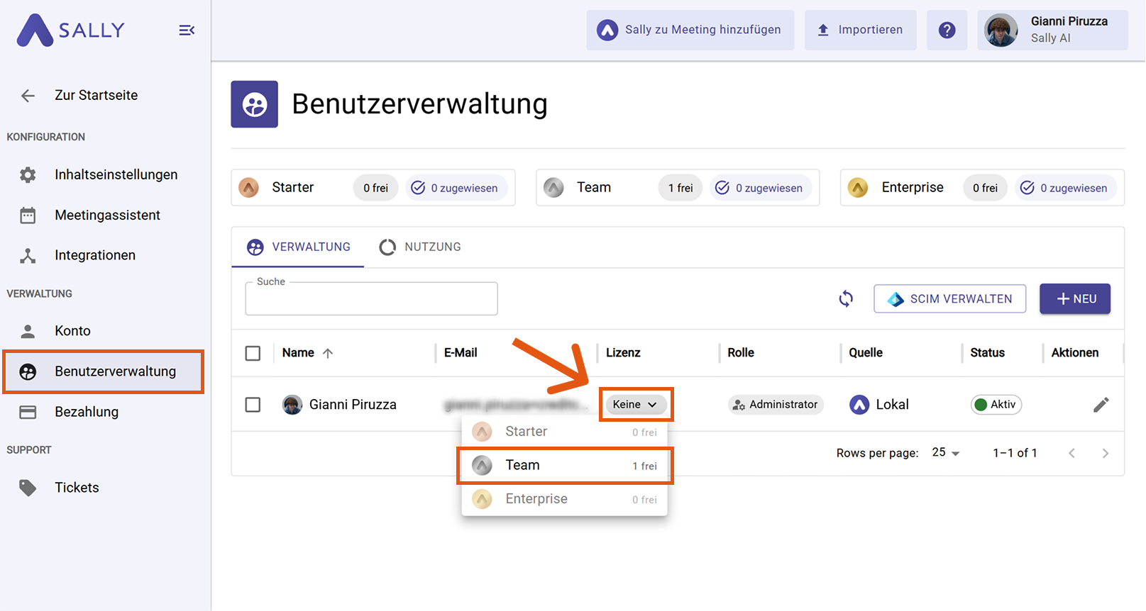 Benutzerverwaltung mit Auswahl der neuen Lizenz