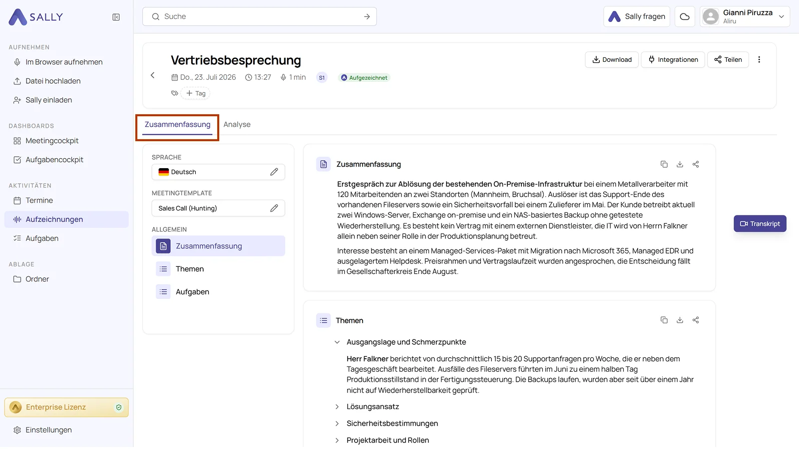 Sally Zusammenfassung einer Aufzeichnung mit Themen, Entscheidungen und Aufgaben