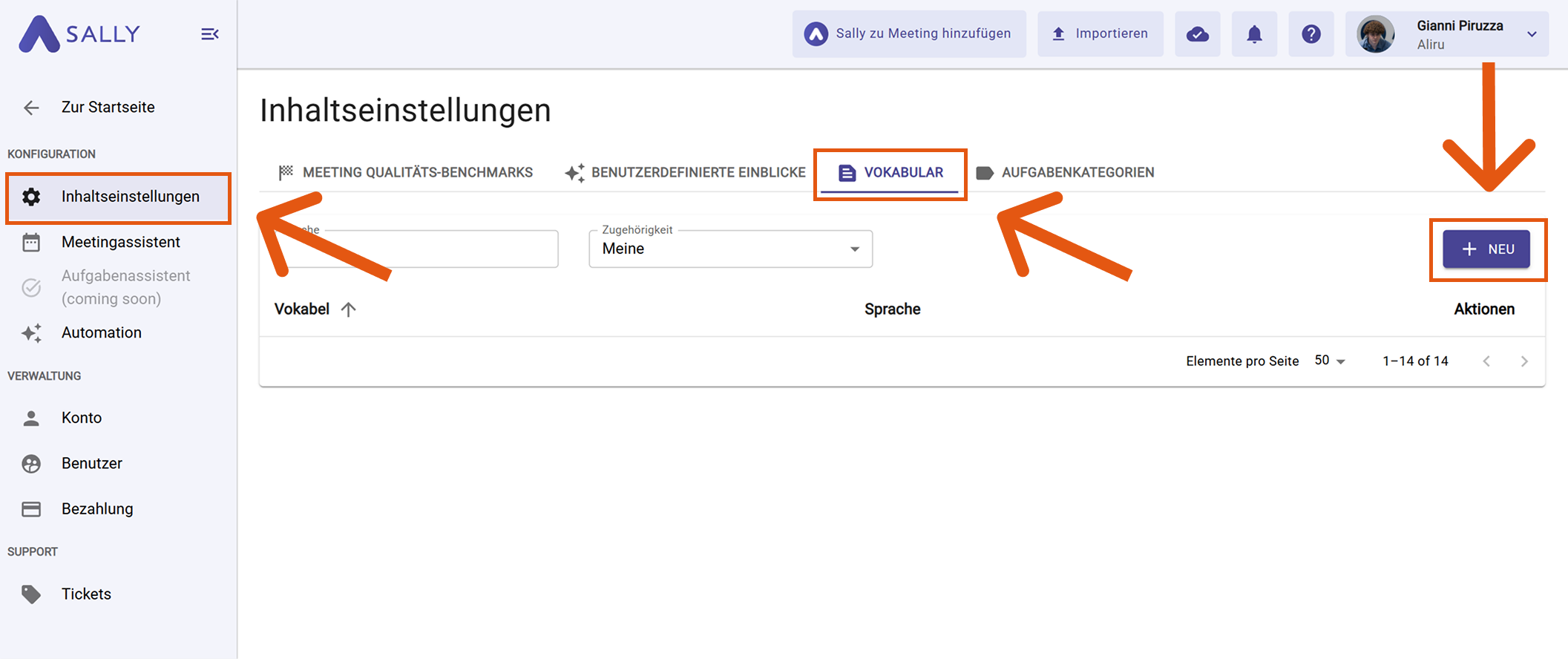 Neues Vokabular anlegen