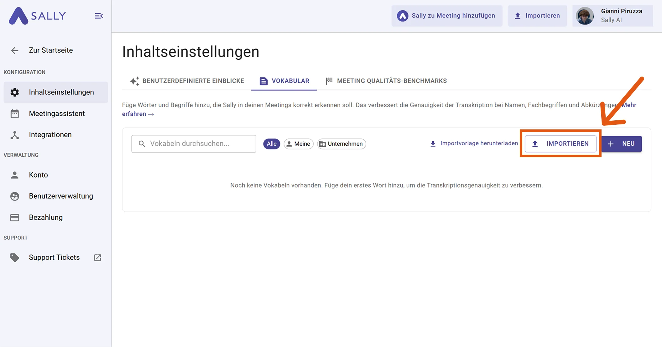 Sally Vokabular-Einstellungen mit geöffnetem Upload-Dialog für die Excel-Datei