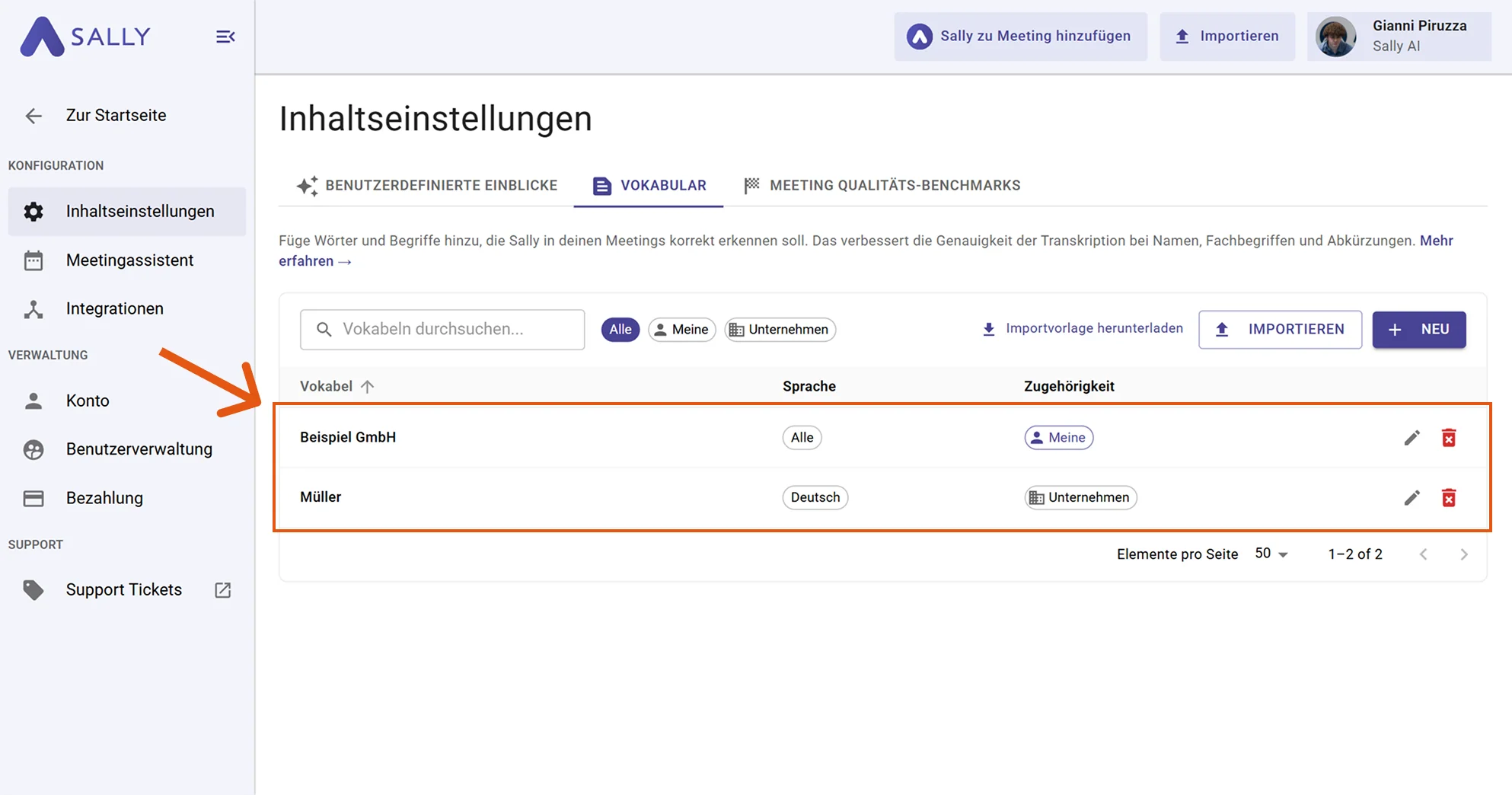 Sally Vokabelübersicht mit importierten Begriffen, Zielschreibweisen und Alternativen