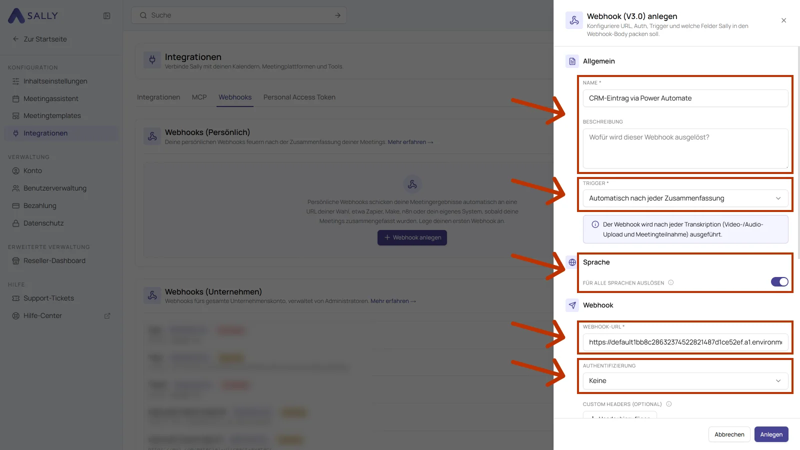 Dialog Webhook anlegen mit Name, Beschreibung, Trigger, Sprache, Webhook-URL und Authentifizierung