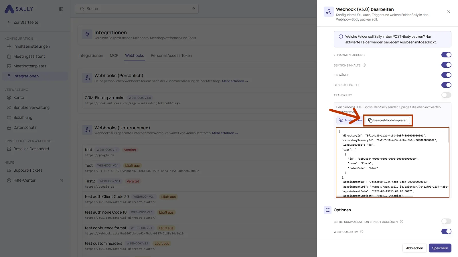 Dialog Webhook bearbeiten mit dem Bereich Body-Inhalte, der Vorschau des HTTP-Bodys und dem markierten Button Beispiel-Body kopieren