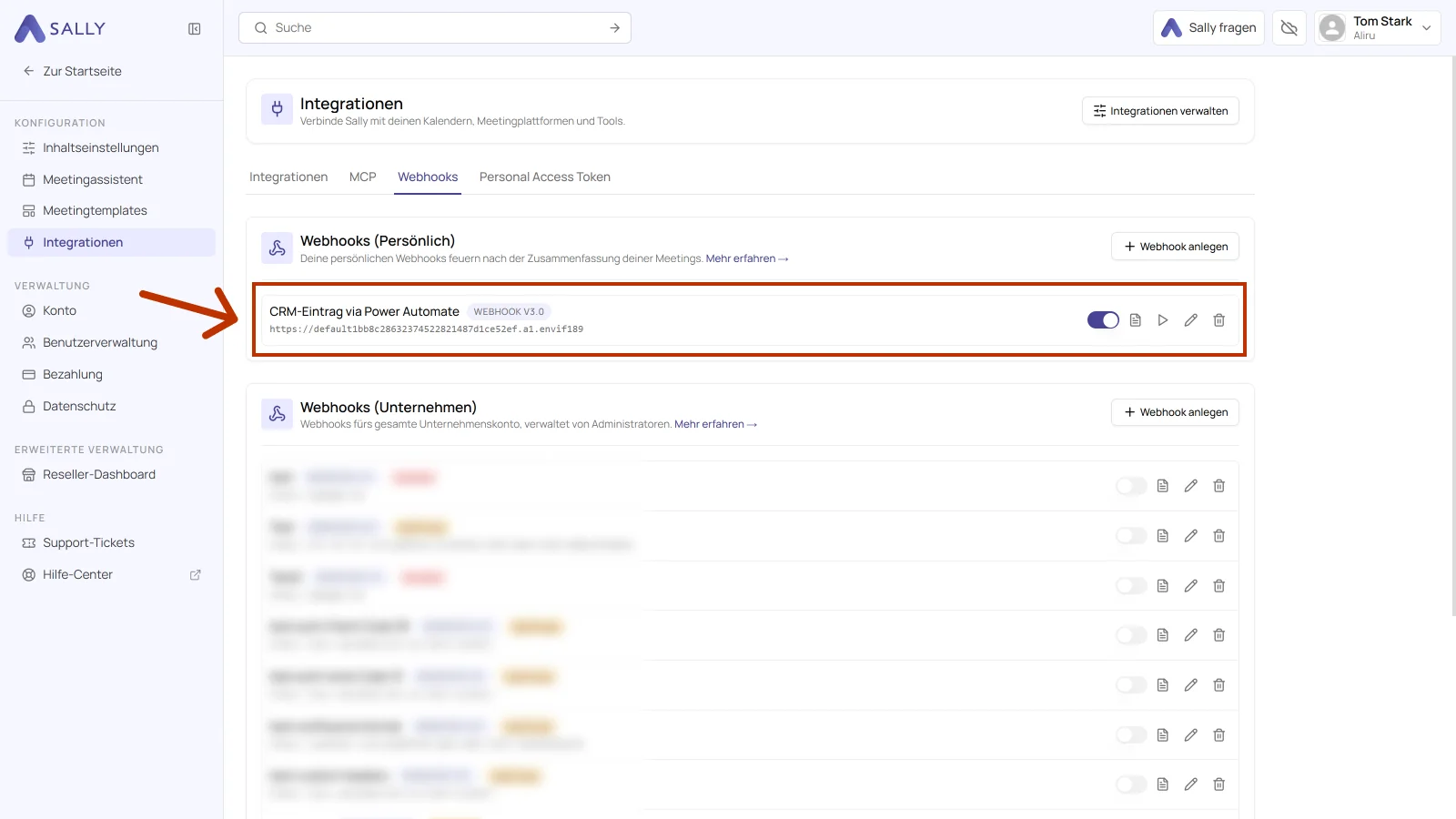 Liste der persönlichen Webhooks mit dem neu angelegten Eintrag