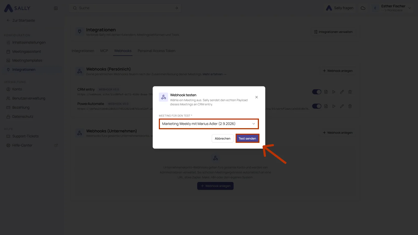Dialog Webhook testen mit der Auswahl eines Meetings und dem markierten Button Test senden
