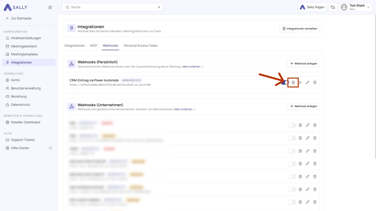 Liste der persönlichen Webhooks mit dem markierten Dokument-Symbol für die Logs