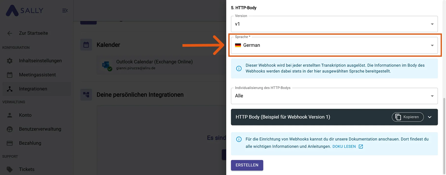 Sprache im Webhook-Formular einstellen