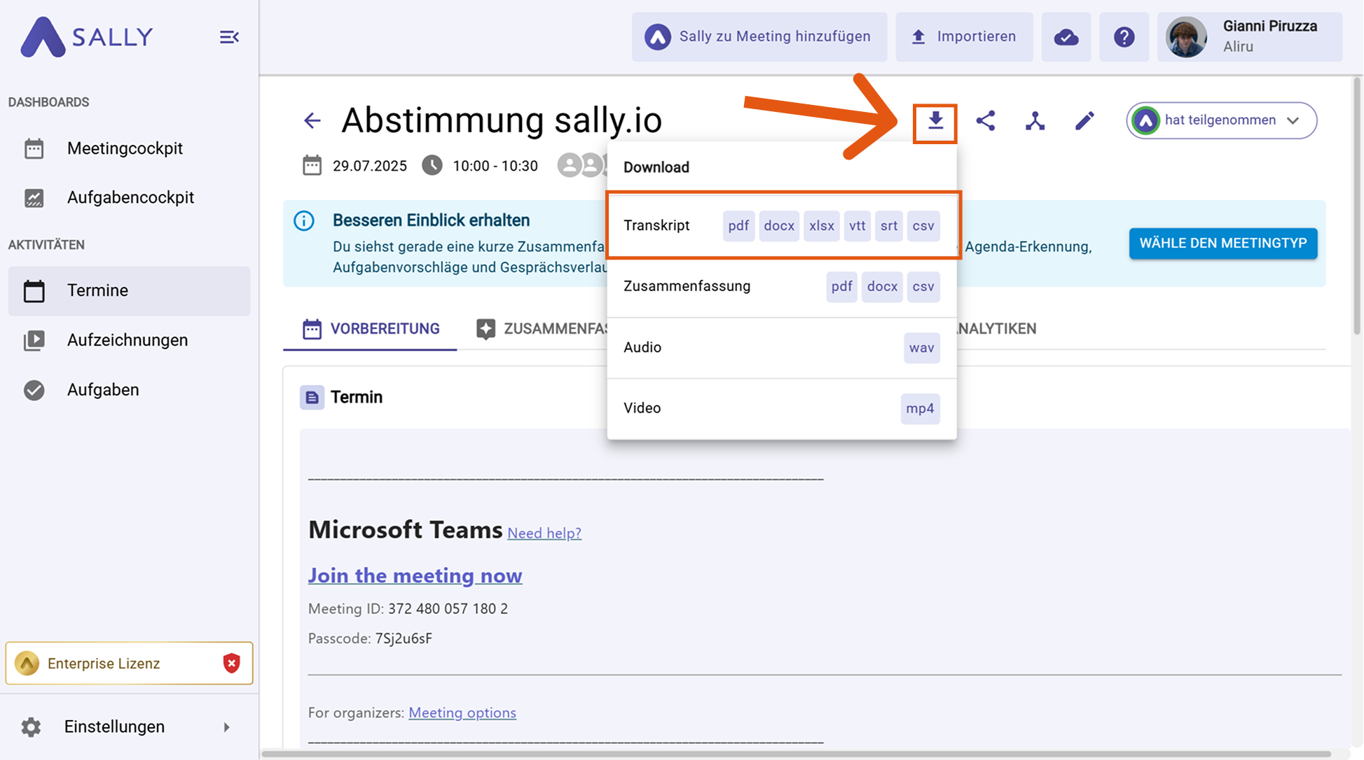 Download-Optionen für die Zusammenfassung