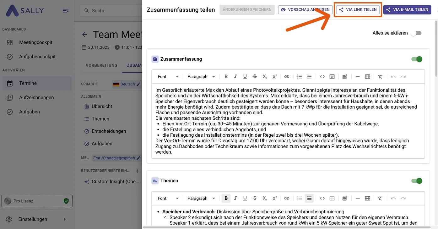 Zusammenfassung per Link teilen