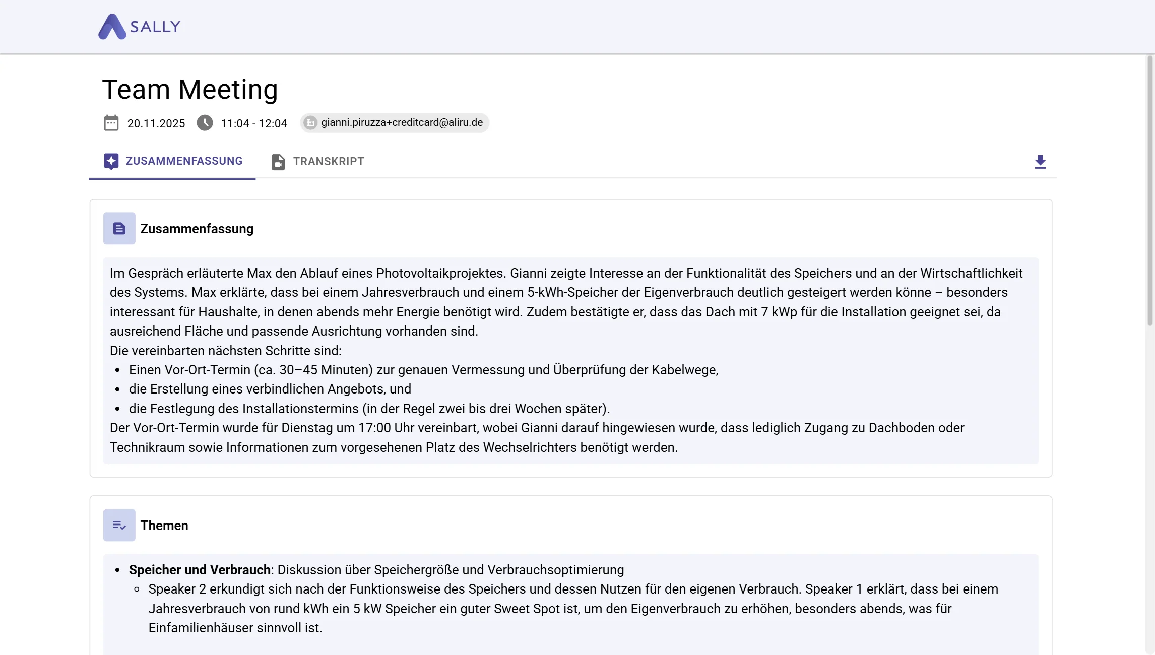Geteilter Meeting-Zusammenfassungsbericht