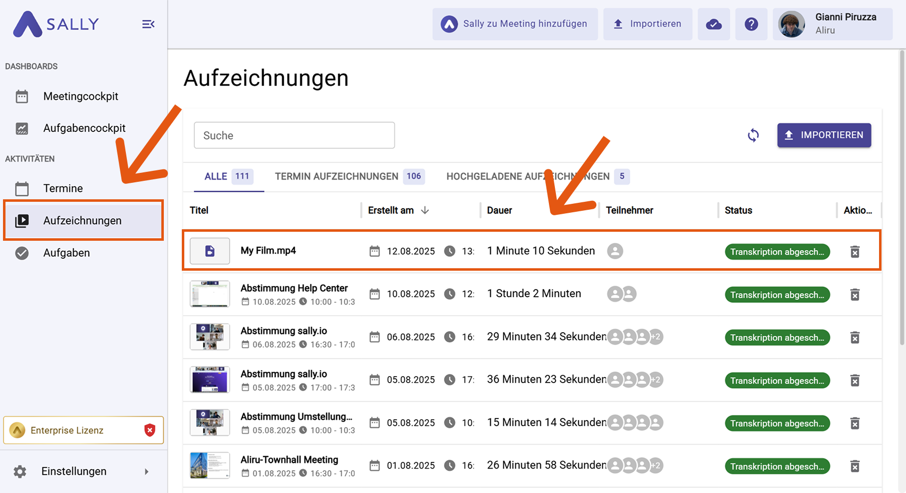 Aufzeichnungsliste in Sally